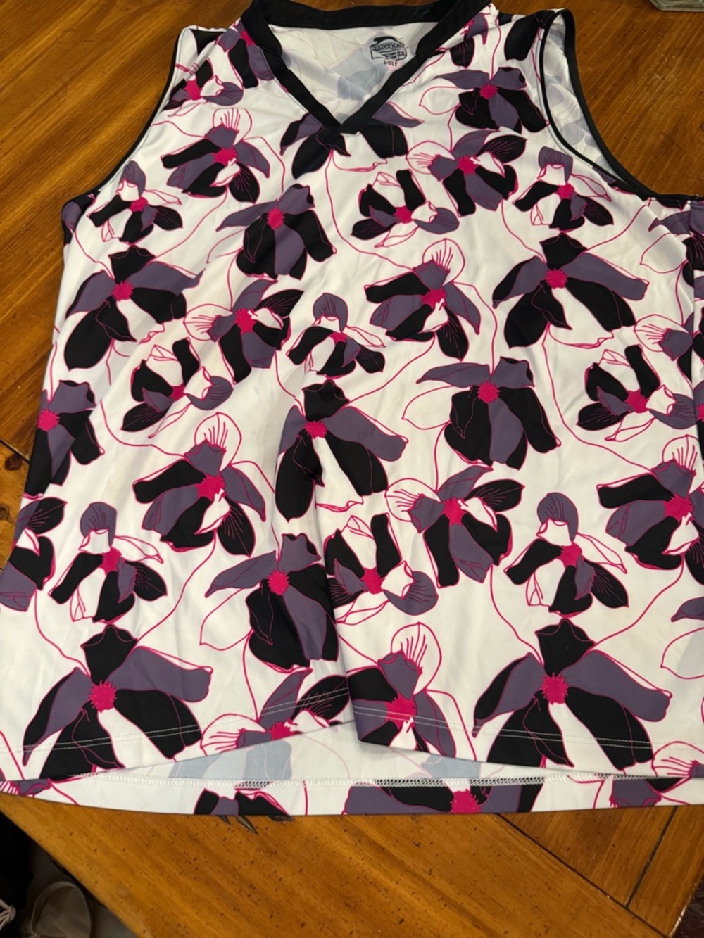 Slazenger White Floral V-Neck Golf Shirt with Pink & Black Accents